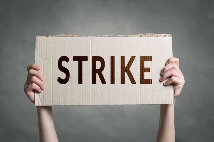 Two hands holding a cardboard sign saying STRIKE