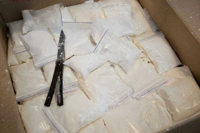 1530825116 Bags of white powder with scissors in cardboard box
