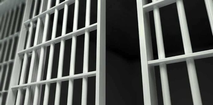 shutterstock_161438378.jpg Closeup view of metal prison bars in a dark environment