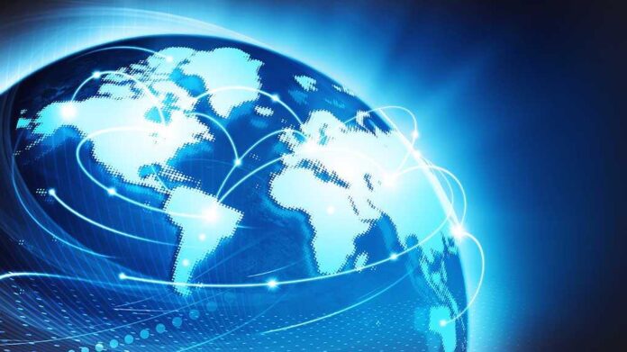 Illustration of a globe with digital connections and blue lighting