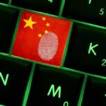 Close-up of a keyboard key featuring the Chinese flag and a fingerprint
