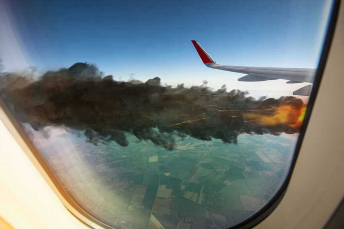 456112087 Airplane wing with engine on fire mid-flight.