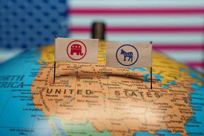 Republican and Democratic flags on USA map background.