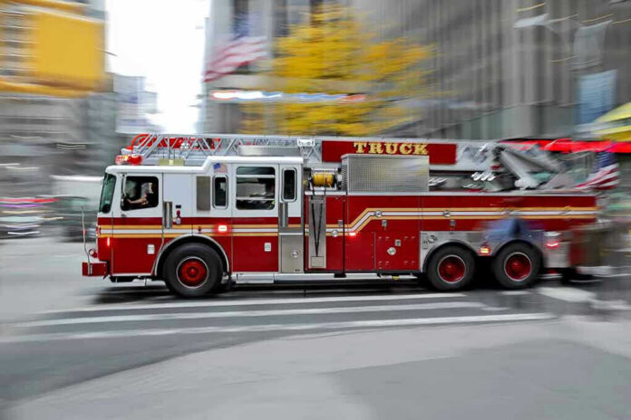 Red fire truck driving through city street crosswalk