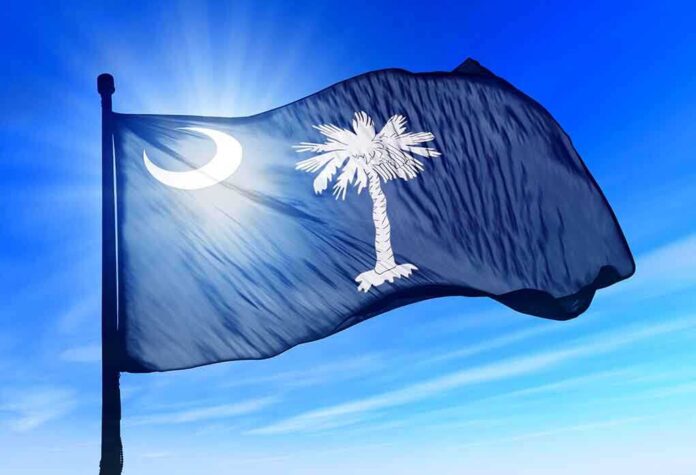 South Carolina state flag waving against a blue sky