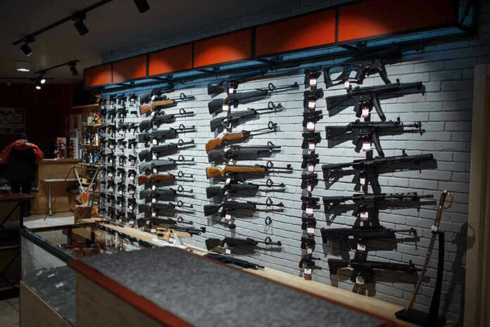 Wall-mounted guns displayed in a store.