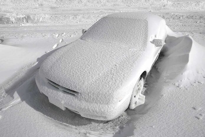 A car completely covered in snow, surrounded by a winter landscape