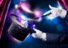 A magician performing with a top hat and wand, creating magical effects