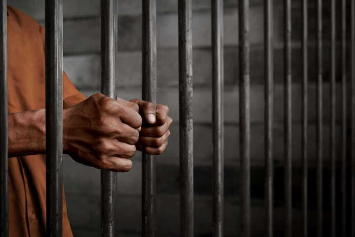 Hands gripping prison cell bars.