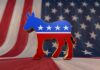 Senate Candidate’s Shocking Reddit Scandal EXPOSED! A donkey symbol representing the Democratic Party in front of an American flag background