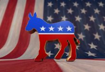 Senate Candidate’s Shocking Reddit Scandal EXPOSED! A donkey symbol representing the Democratic Party in front of an American flag background