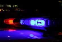 Close-up of police lights flashing in blue and red at night