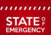 STATE OF EMERGENCY in bold white text on red background.