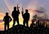 Middle-Class Mom FUNDING Terrorist Movement ARRESTED! Three armed silhouettes near a smoky city skyline.