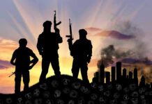 Middle-Class Mom FUNDING Terrorist Movement ARRESTED! Three armed silhouettes near a smoky city skyline.
