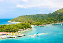 Americans Advised to NOT Travel Here! Tropical beach with docks and lush green hills.