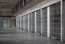 prison cell block with metal barred doors