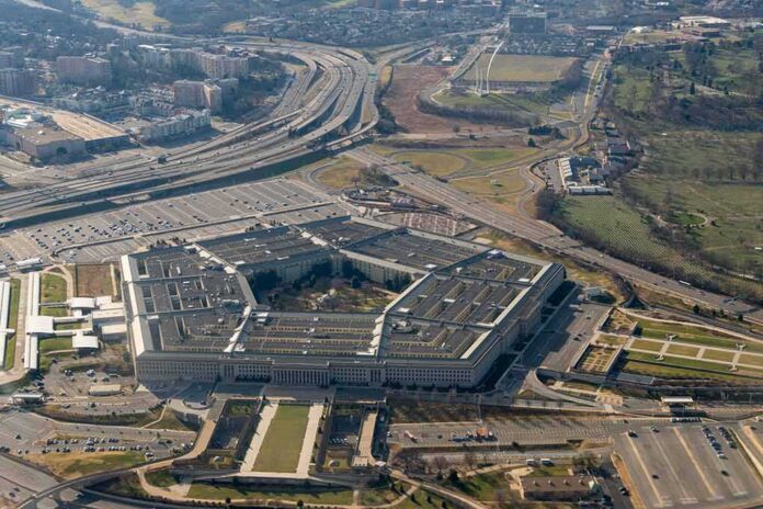 The Pentagon aerial view with surrounding highways and parking lots