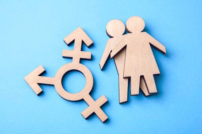 shutterstock_1145016626 Wooden transgender symbol and two human figures on blue background