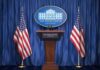 Trump Blasts Female Oval Officer Reporter For Asking Him This White House press podium with microphones and two American flags