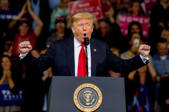 Donald Trump speaking at a rally podium with arms raised