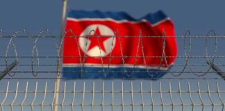 Barbed wire fence with North Korean flag in background