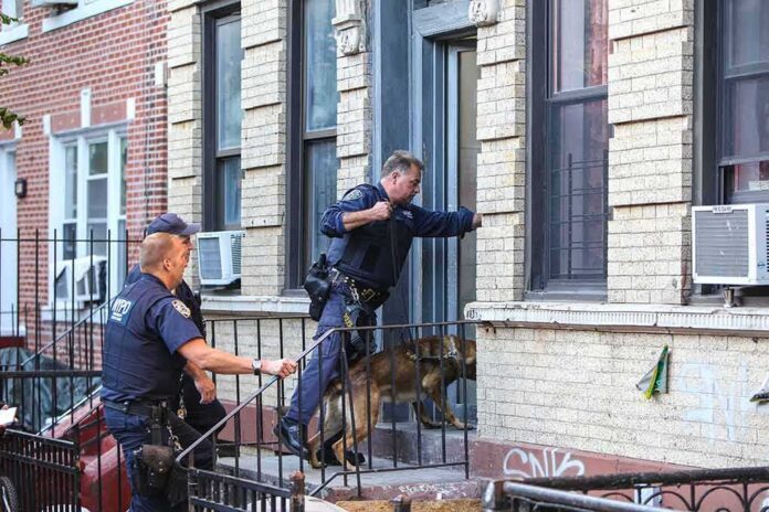 Police officers with a K9 at an apartment entrance