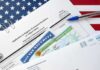 Migrants Flood Canada After SCOTUS Ruling immigration forms with green card and social security card on US flag background