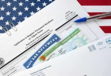 Migrants Flood Canada After SCOTUS Ruling immigration forms with green card and social security card on US flag background