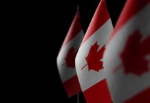 Canada Set to Become EU’s First Foreign Member Canadian flags with maple leaf on dark background