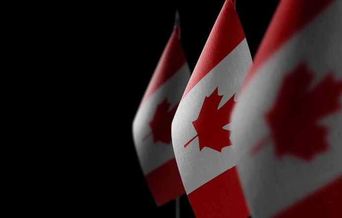 shutterstock_1950525973 Canadian flags with maple leaf on dark background