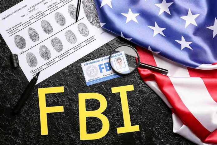 FBI letters with fingerprint sheet, badge, magnifying glass, and US flag