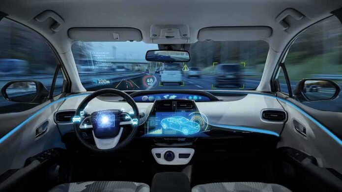 Autonomous car cockpit with digital dashboard and AR driving display