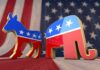 Republican-turned-Democrat Aims to Flip Senate Seat Blue Democratic donkey and Republican elephant symbols on American flag backdrop