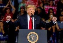 Chaos Erupts: Trump Rally Meltdown Donald Trump speaking at a rally podium with arms raised