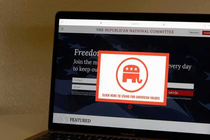 Laptop screen showing a political committee website with a popup featuring an elephant logo