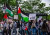 El-Sayed’s Muslim Brotherhood Boost – Look Who’s Cheering Him On! Wang Ying among protesters holding Palestinian flags and signs at a street demonstration