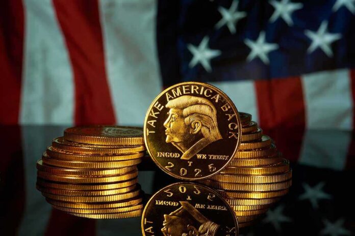 Trump,Cryptocurrency.,Trump,Memecoins,Are,A,Cryptographic,Token,Or,Asset Gold commemorative coins stacked with a profile portrait in front of a U.S. flag
