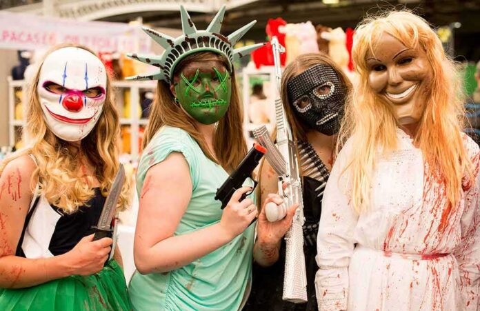 shutterstock_696318253 La Parka with three others in horror masks and costumes at an event